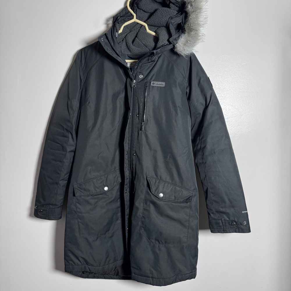 Columbia Parka Jacket Womens L Black Solid Omni-Heat Faux Fur‎ Hood Winter Coat